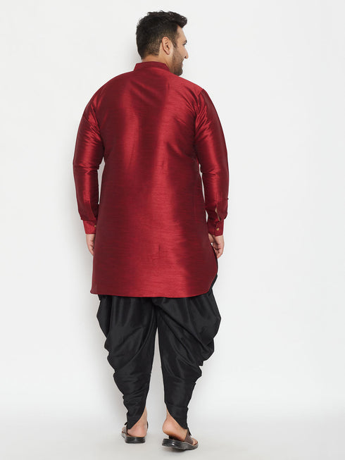Vastramay Men's Plus Size Maroon Silk Blend Curved Kurta Dhoti Set